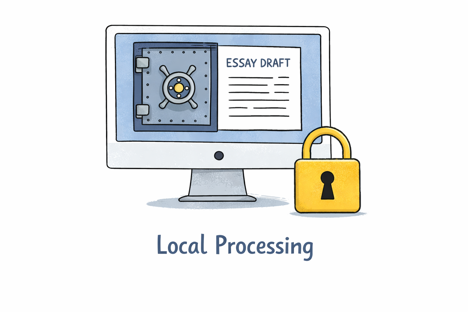 Conceptual illustration of digital vault on desktop computer with essay draft inside and secure lock labeled Local Processing